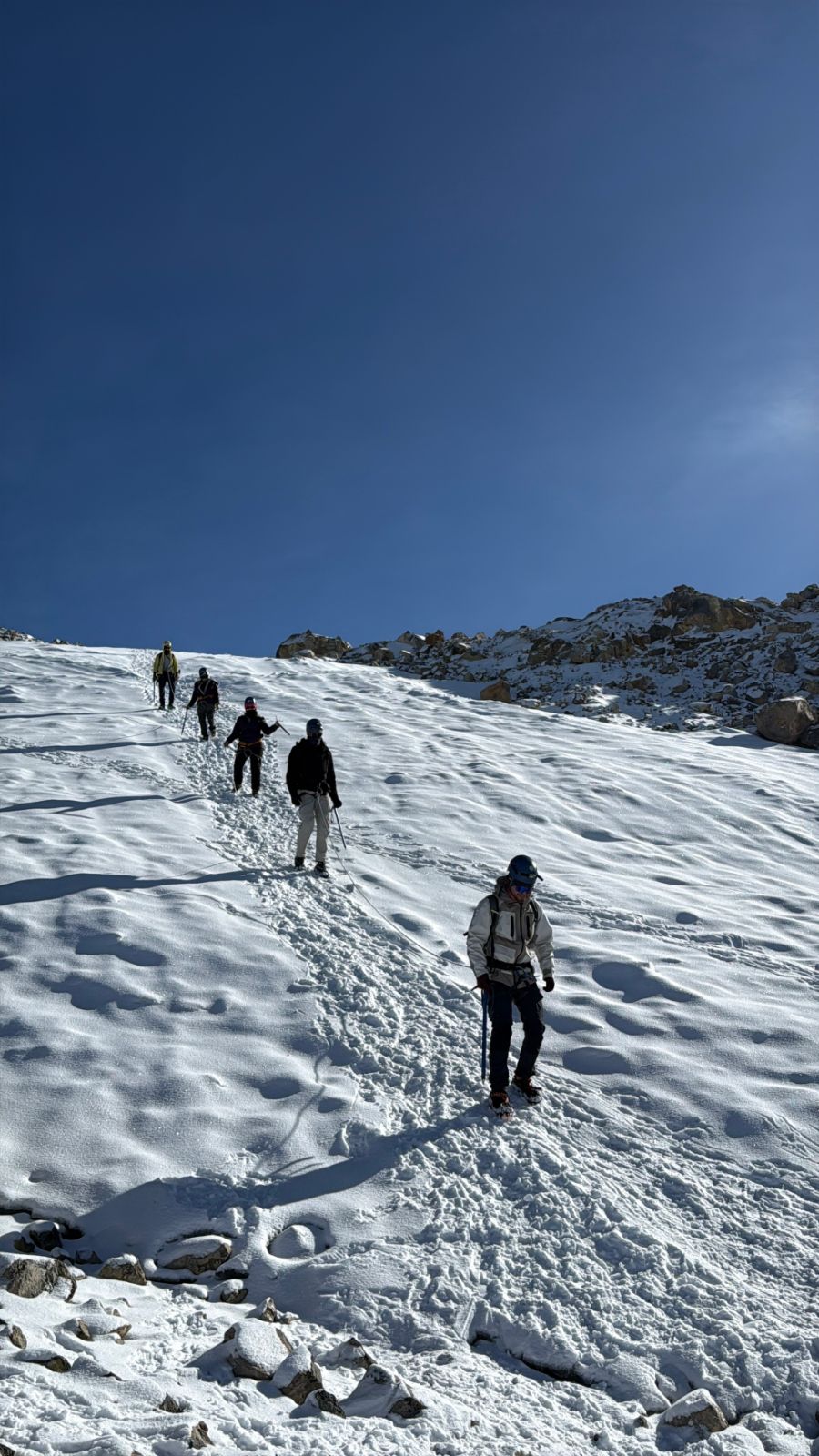 Cordada de montañistas ascendiendo el glaciar del Nevado Santa Isabel